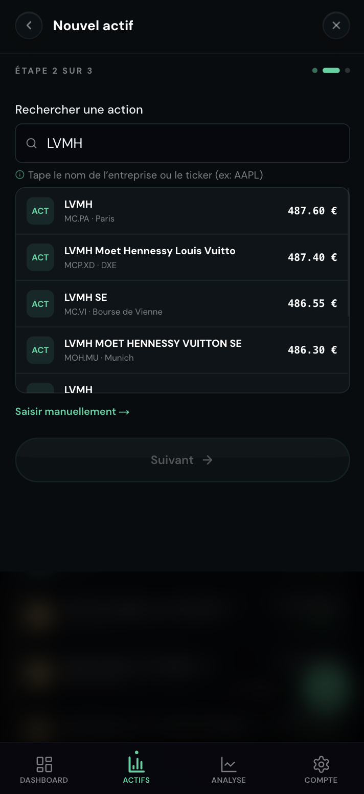 Ajout d'une action LVMH — recherche automatique Yahoo Finance